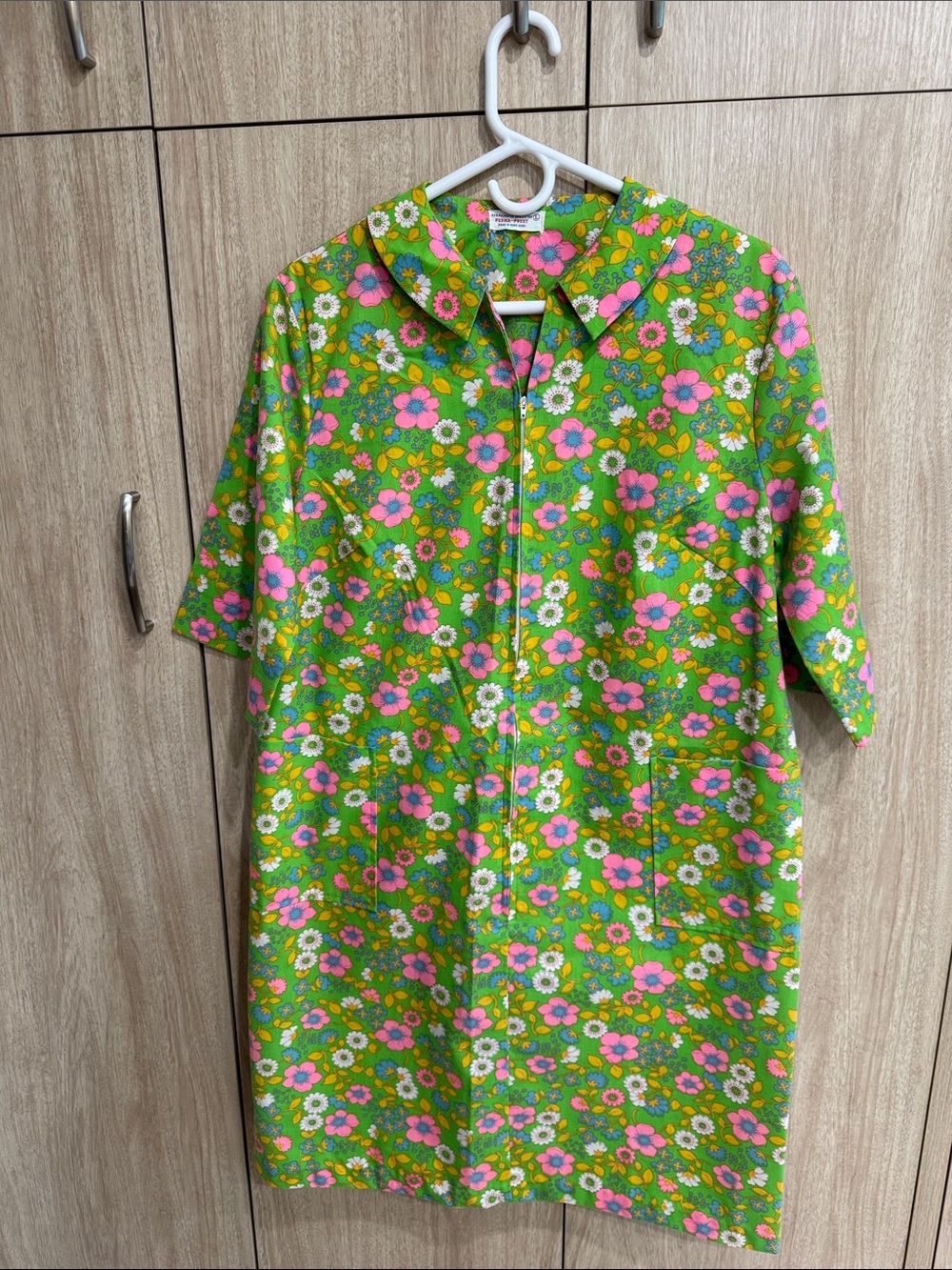 Vtg 70s Sears Perma-Prest Floral House Dress Duster Robe Green Pink